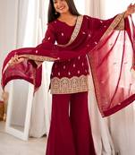 Maroon color crunchy silk embroidered top bel bottom PANT dupatta full stitched.