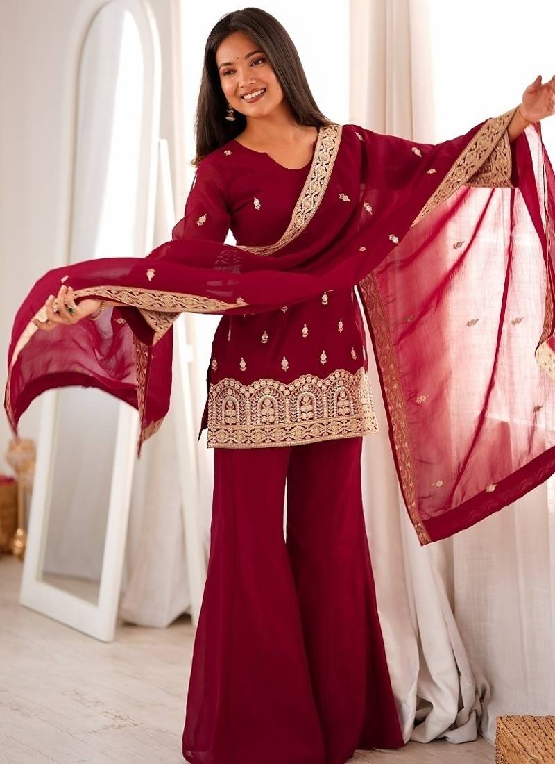 Maroon color crunchy silk embroidered top bel bottom PANT dupatta full stitched.