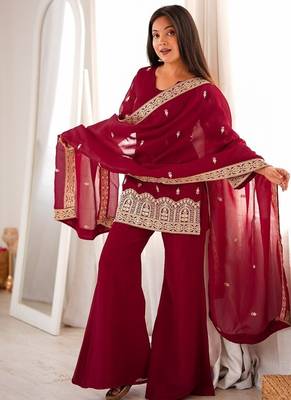 Maroon color crunchy silk embroidered top bel bottom PANT dupatta full stitched. 2