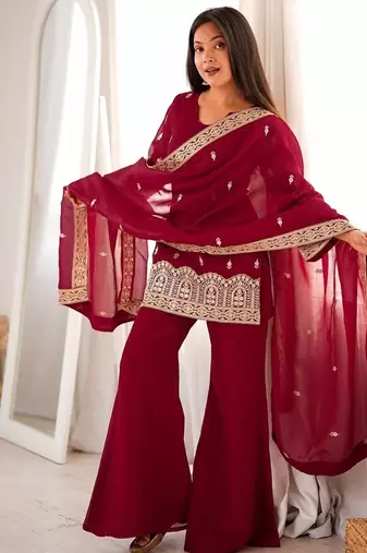 Maroon color crunchy silk embroidered top bel bottom PANT dupatta full stitched.
