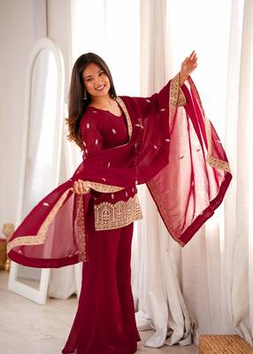 Maroon color crunchy silk embroidered top bel bottom PANT dupatta full stitched. 3