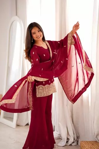 Maroon color crunchy silk embroidered top bel bottom PANT dupatta full stitched.