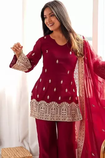 Maroon color crunchy silk embroidered top bel bottom PANT dupatta full stitched.