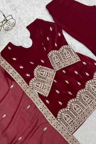 Maroon color crunchy silk embroidered top bel bottom PANT dupatta full stitched.