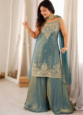 Sky blue color silk blend embroidered top sharara dupatta set full stitched 1