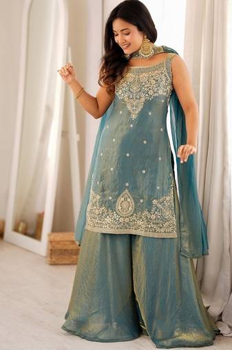Sky blue color silk blend embroidered top sharara dupatta set full stitched