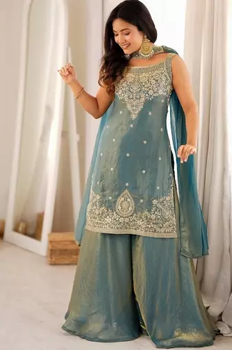 Sky blue color silk blend embroidered top sharara dupatta set full stitched