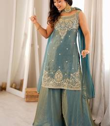 Sky blue color silk blend embroidered top sharara dupatta set full stitched