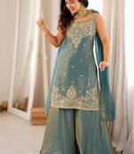 Sky blue color silk blend embroidered top sharara dupatta set full stitched