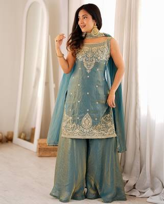 Sky blue color silk blend embroidered top sharara dupatta set full stitched 2