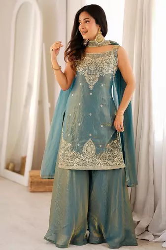 Sky blue color silk blend embroidered top sharara dupatta set full stitched