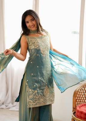 Sky blue color silk blend embroidered top sharara dupatta set full stitched 3