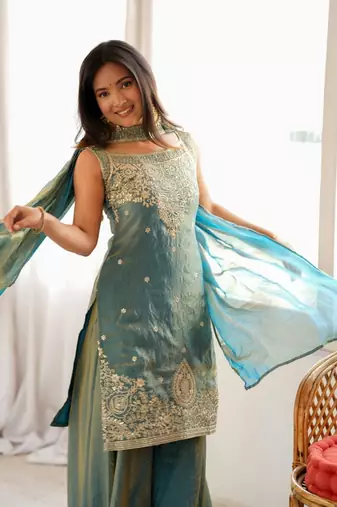 Sky blue color silk blend embroidered top sharara dupatta set full stitched