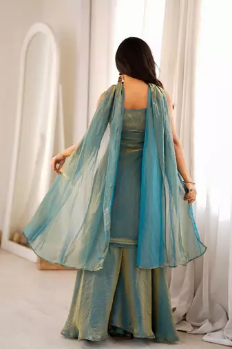 Sky blue color silk blend embroidered top sharara dupatta set full stitched