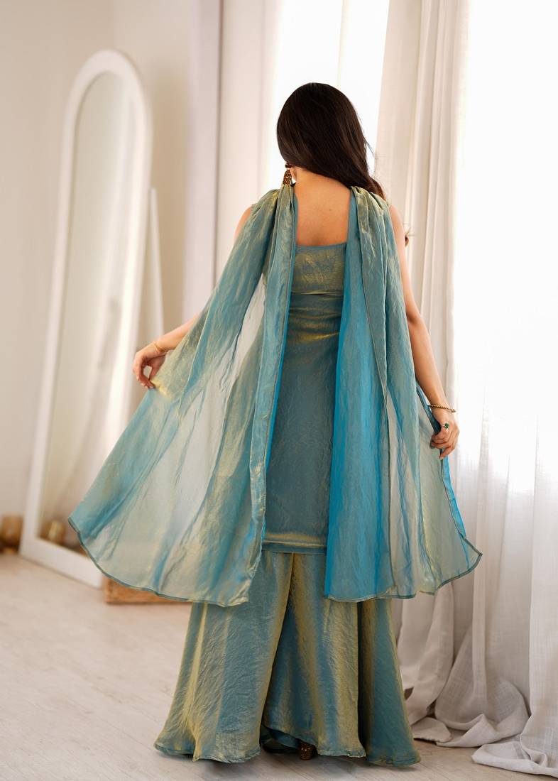 Sky blue color silk blend embroidered top sharara dupatta set full stitched