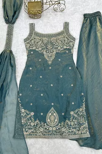 Sky blue color silk blend embroidered top sharara dupatta set full stitched