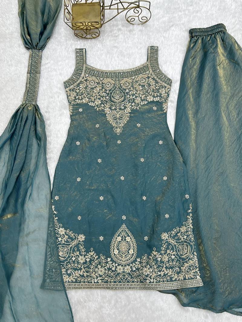 Sky blue color silk blend embroidered top sharara dupatta set full stitched