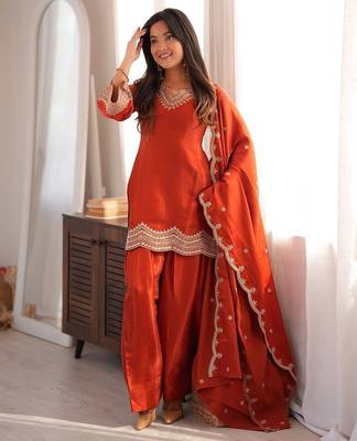 Rust color roman silk embroidered top salwar dupatta farsi style dress full stitched.. 1