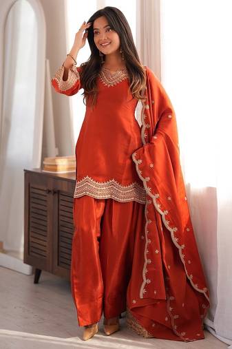 Rust color roman silk embroidered top salwar dupatta farsi style dress full stitched..