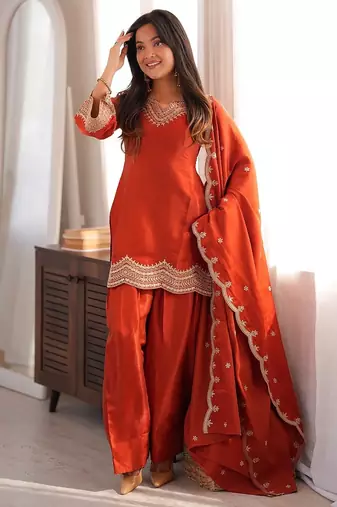 Rust color roman silk embroidered top salwar dupatta farsi style dress full stitched..