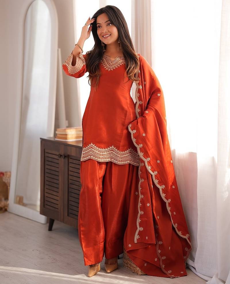 Rust color roman silk embroidered top salwar dupatta farsi style dress full stitched..