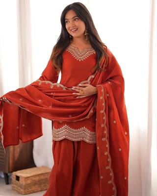 Rust color roman silk embroidered top salwar dupatta farsi style dress full stitched.. 2