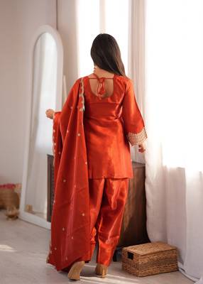 Rust color roman silk embroidered top salwar dupatta farsi style dress full stitched.. 4