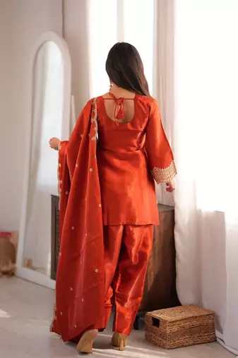 Rust color roman silk embroidered top salwar dupatta farsi style dress full stitched..