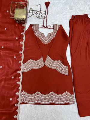Rust color roman silk embroidered top salwar dupatta farsi style dress full stitched.. 5