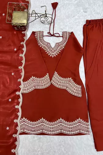 Rust color roman silk embroidered top salwar dupatta farsi style dress full stitched..