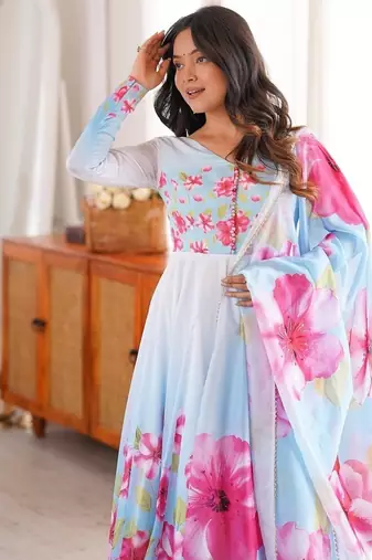 Sky blue color flower printed oregenza flared gown style anarkali set full stitched.