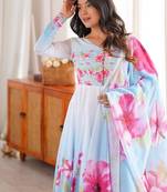 Sky blue color flower printed oregenza flared gown style anarkali set full stitched.
