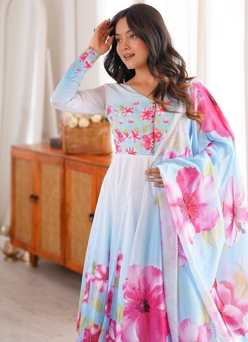 Sky blue color flower printed oregenza flared gown style anarkali set full stitched.