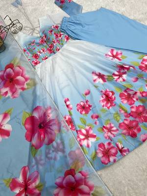 Sky blue color flower printed oregenza flared gown style anarkali set full stitched. 3