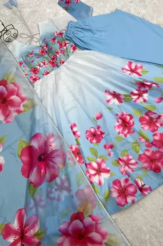 Sky blue color flower printed oregenza flared gown style anarkali set full stitched.