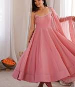 Dusty pink color crunchy silk siroski work gown PANT  dupatta set full stitched.