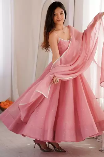 Dusty pink color crunchy silk siroski work gown PANT  dupatta set full stitched.