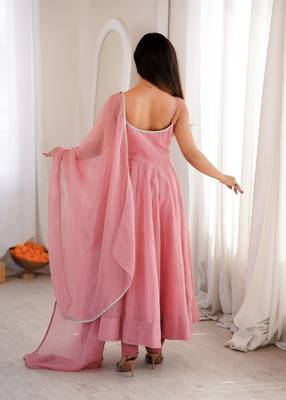Dusty pink color crunchy silk siroski work gown PANT  dupatta set full stitched. 3