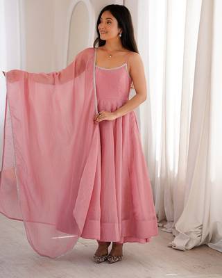 Dusty pink color crunchy silk siroski work gown PANT  dupatta set full stitched. 4