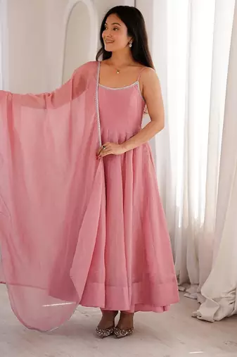 Dusty pink color crunchy silk siroski work gown PANT  dupatta set full stitched.