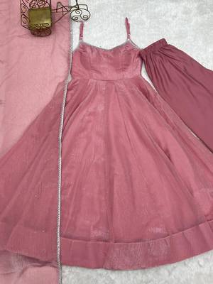 Dusty pink color crunchy silk siroski work gown PANT  dupatta set full stitched. 5