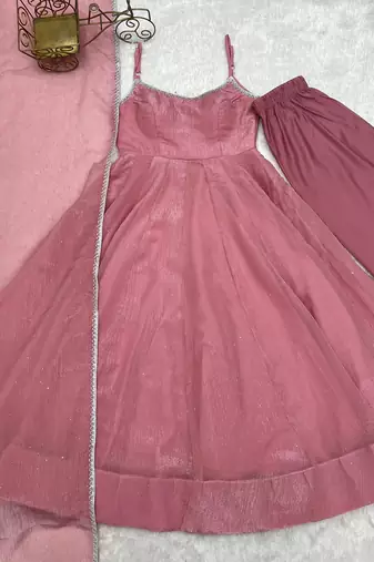 Dusty pink color crunchy silk siroski work gown PANT  dupatta set full stitched.