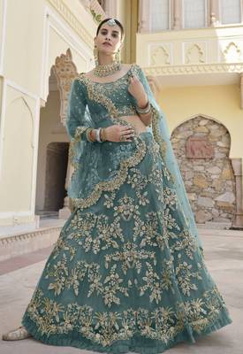 Turquoise sequins and dori embroidered soft net festive & party wear stitched lehenga 1