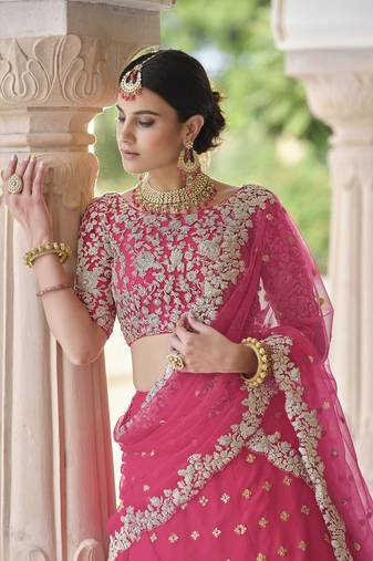 Hot pink net sequin embroidered stitched lehenga choli