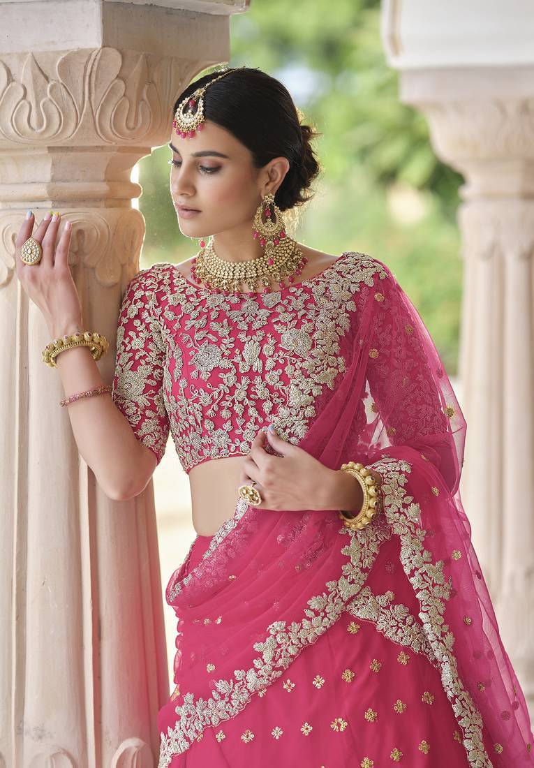 Hot pink net sequin embroidered stitched lehenga choli