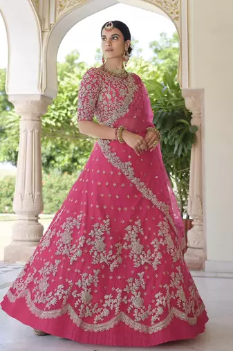 Hot pink net sequin embroidered stitched lehenga choli