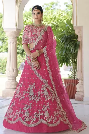 Hot pink net sequin embroidered stitched lehenga choli