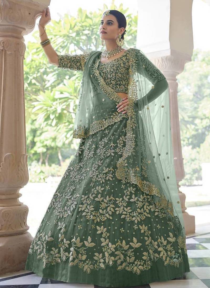 Light green sequins and dori embroidered soft net festive & party wear stitched lehenga choli