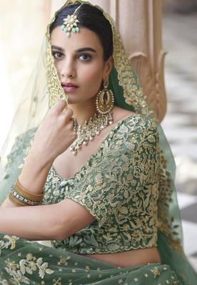 Light green sequins and dori embroidered soft net festive & party wear stitched lehenga choli 2