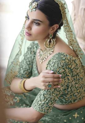Light green sequins and dori embroidered soft net festive & party wear stitched lehenga choli 3